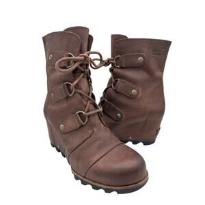 SOREL Joan of Arctic Lace up Wedge booties Ash Brown Leather Women’s 7.5